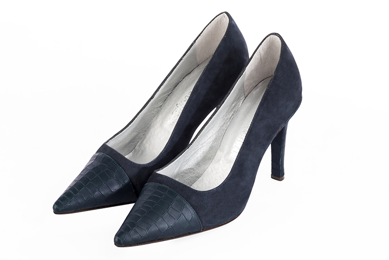 Navy blue women's dress pumps,with a square neckline. Pointed toe. High slim heel. Front view - Florence KOOIJMAN
